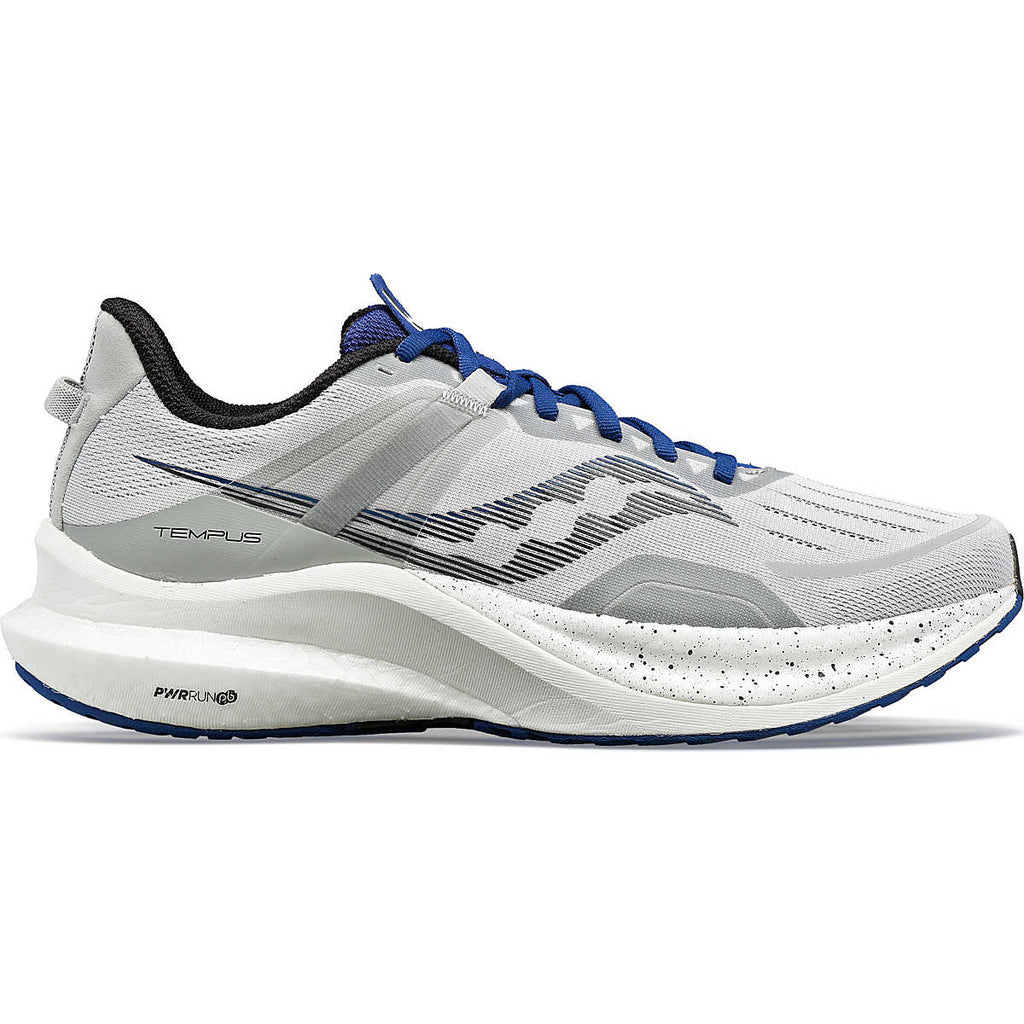 Men's Saucony Tempus. Grey upper. White midsole. Lateral view.