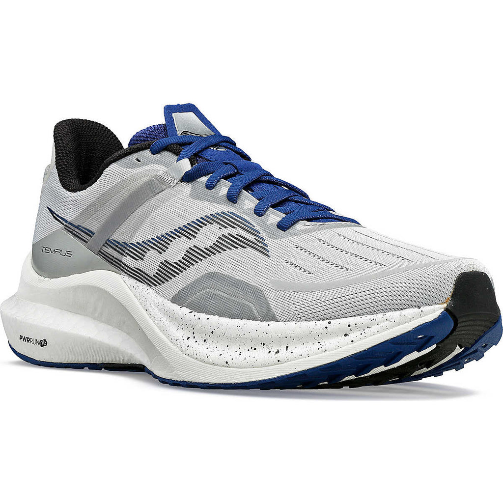 Men's Saucony Tempus. Grey upper. White midsole. Lateral view.