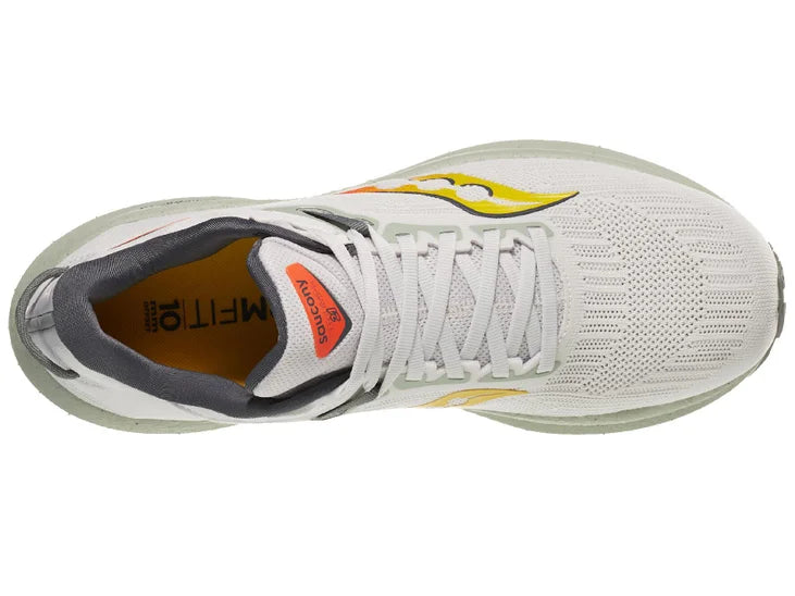 Men's Saucony Triumph 21. White upper. Tan midsole. Top view.