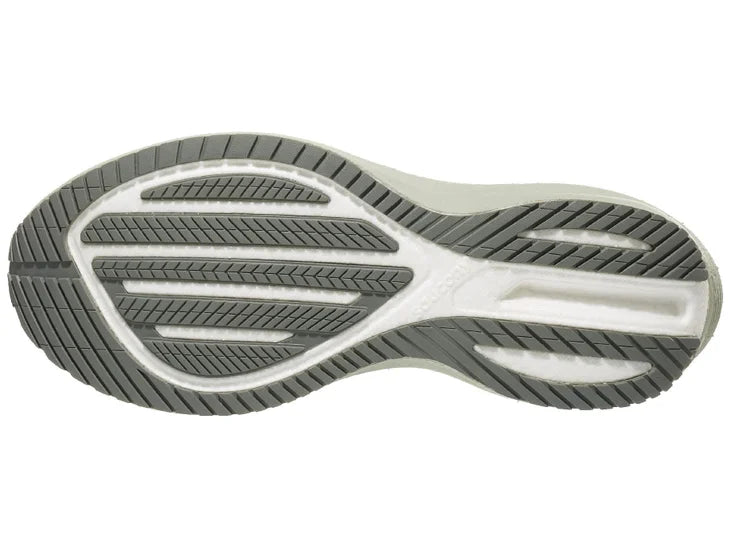 Men's Saucony Triumph 21. White upper. Tan midsole. Bottom view.