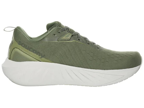 Men's Saucony Triumph 22. Green/Tan upper. White midsole. Medial view.