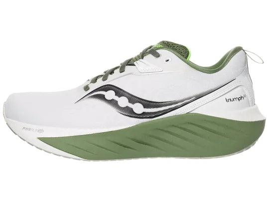 Men's Saucony Triumph 22. White upper. White and green midsole. Lateral view.