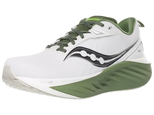 Men's Saucony Triumph 22. White upper. White and green midsole. Lateral view.