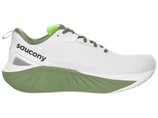 Men's Saucony Triumph 22. White upper. White and green midsole. Medial view.