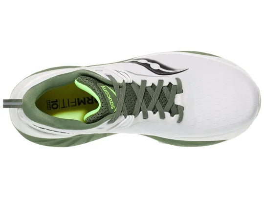 Men's Saucony Triumph 22. White upper. White and green midsole. Top view.