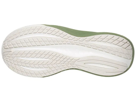 Men's Saucony Triumph 22. White upper. White and green midsole. Bottom view.