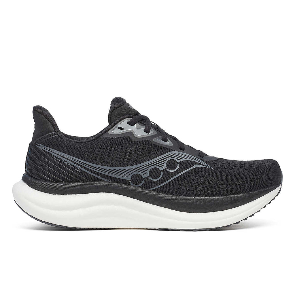 Men's Saucony Triumph 23. Black upper. White midsole. Lateral view.