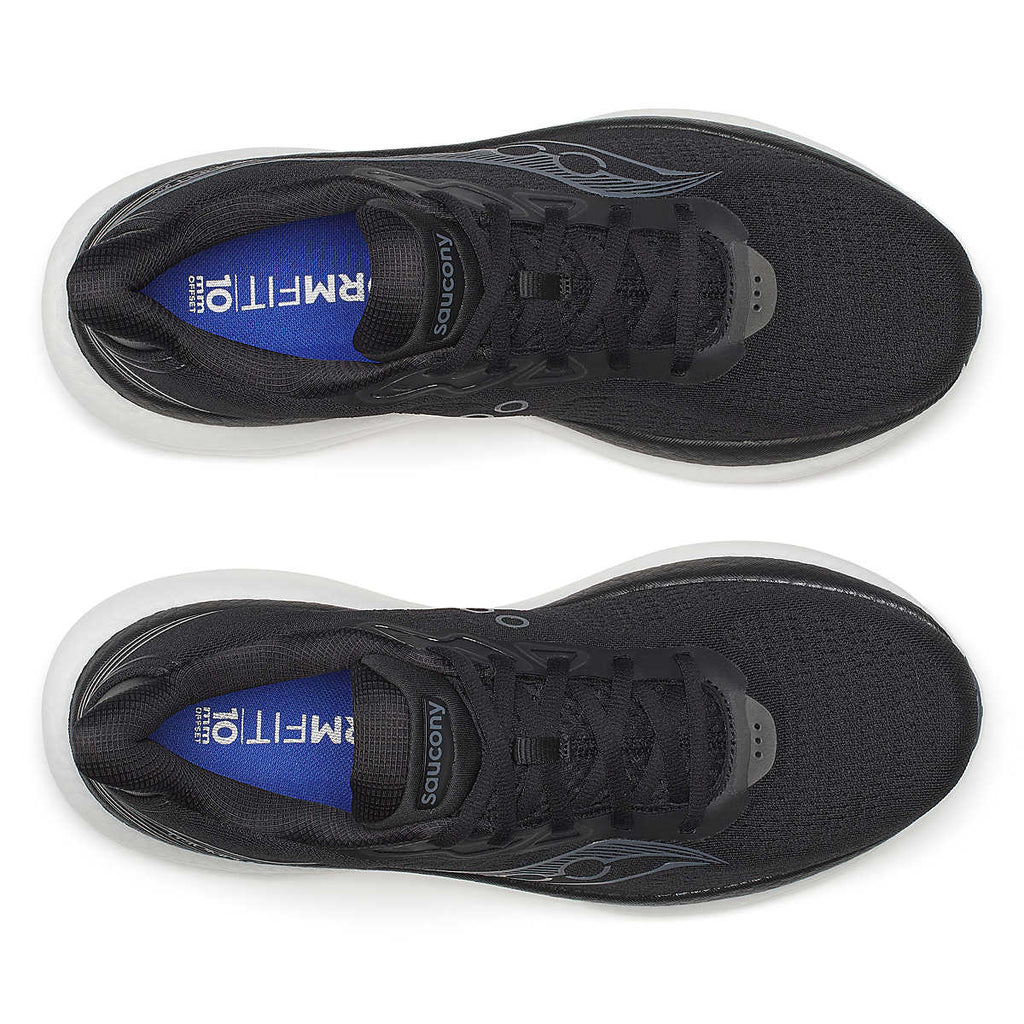 Men's Saucony Triumph 23. Black upper. White midsole. Top view.