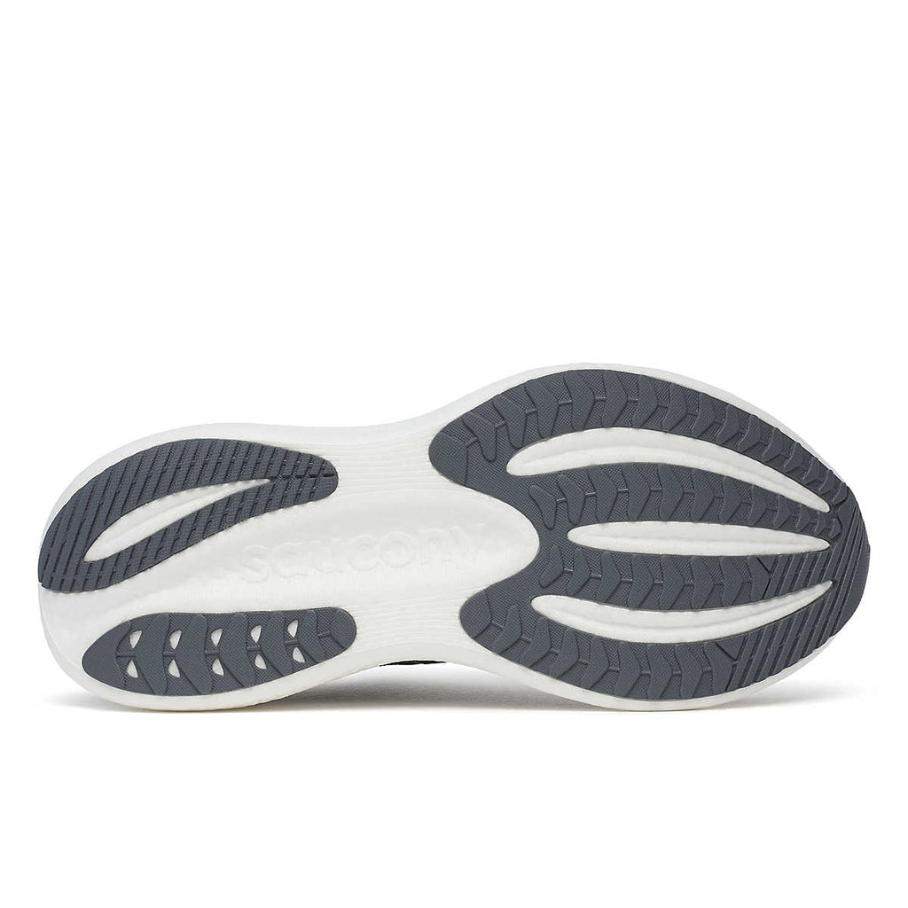 Men's Saucony Triumph 23. Black upper. White midsole. Bottom view.