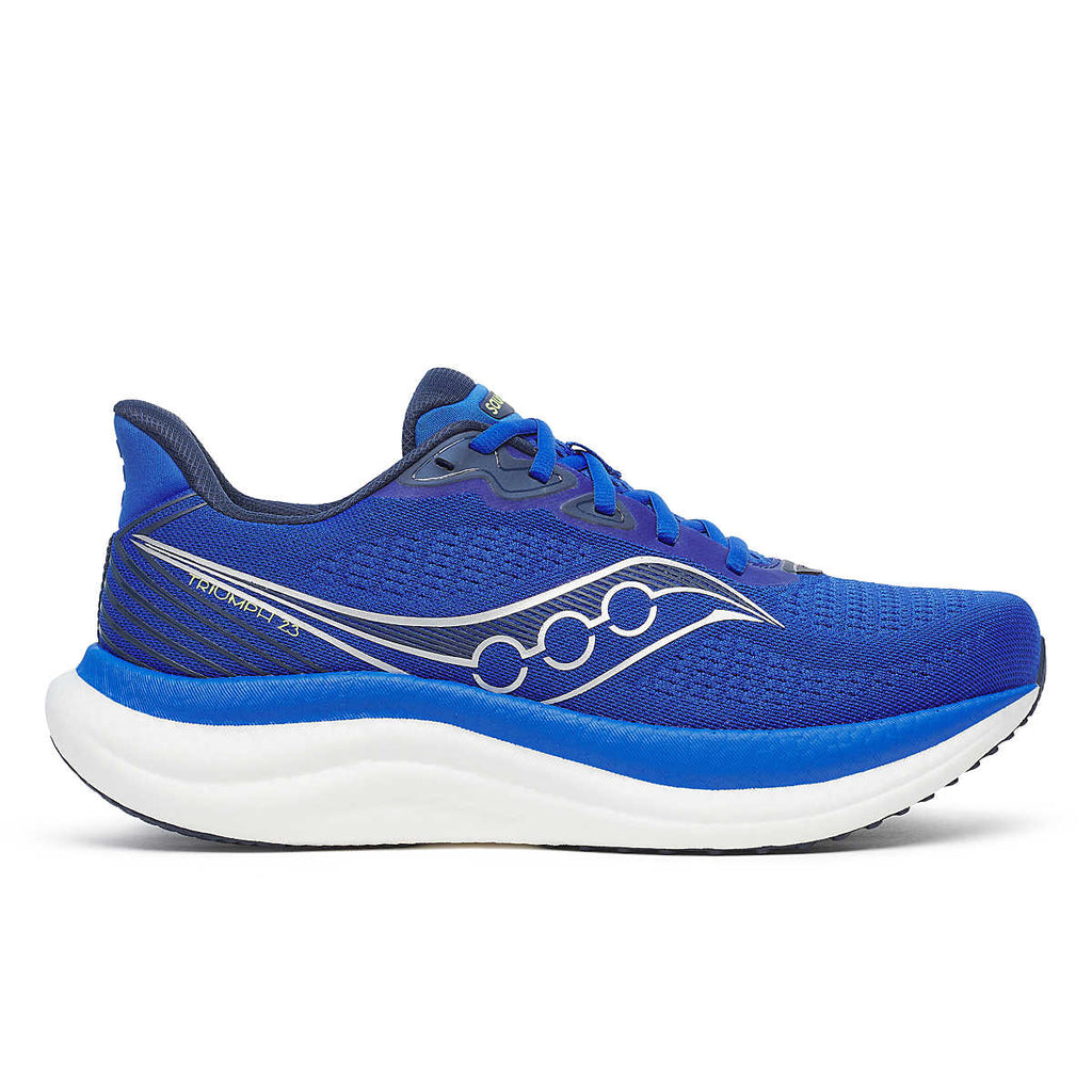 Men's Saucony Triumph 23. Blue upper. White midsole. Lateral view.