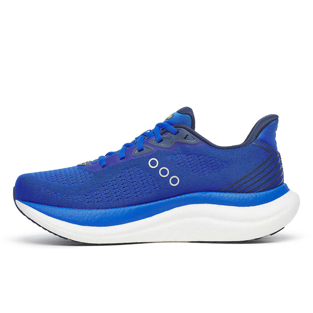 Men's Saucony Triumph 23. Blue upper. White midsole. Medial view.