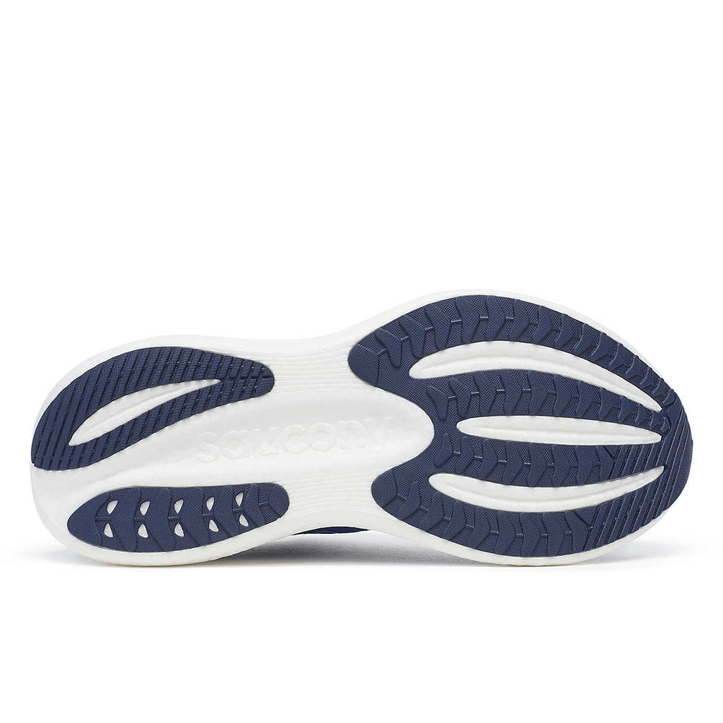 Men's Saucony Triumph 23. Blue upper. White midsole. Bottom view.