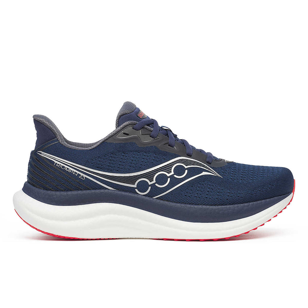 Men's Saucony Triumph 23. Navy upper. White midsole. Lateral view.