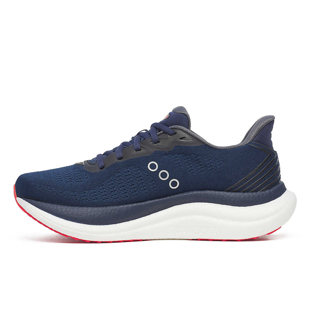 Men's Saucony Triumph 23. Navy upper. White midsole. Medial view.