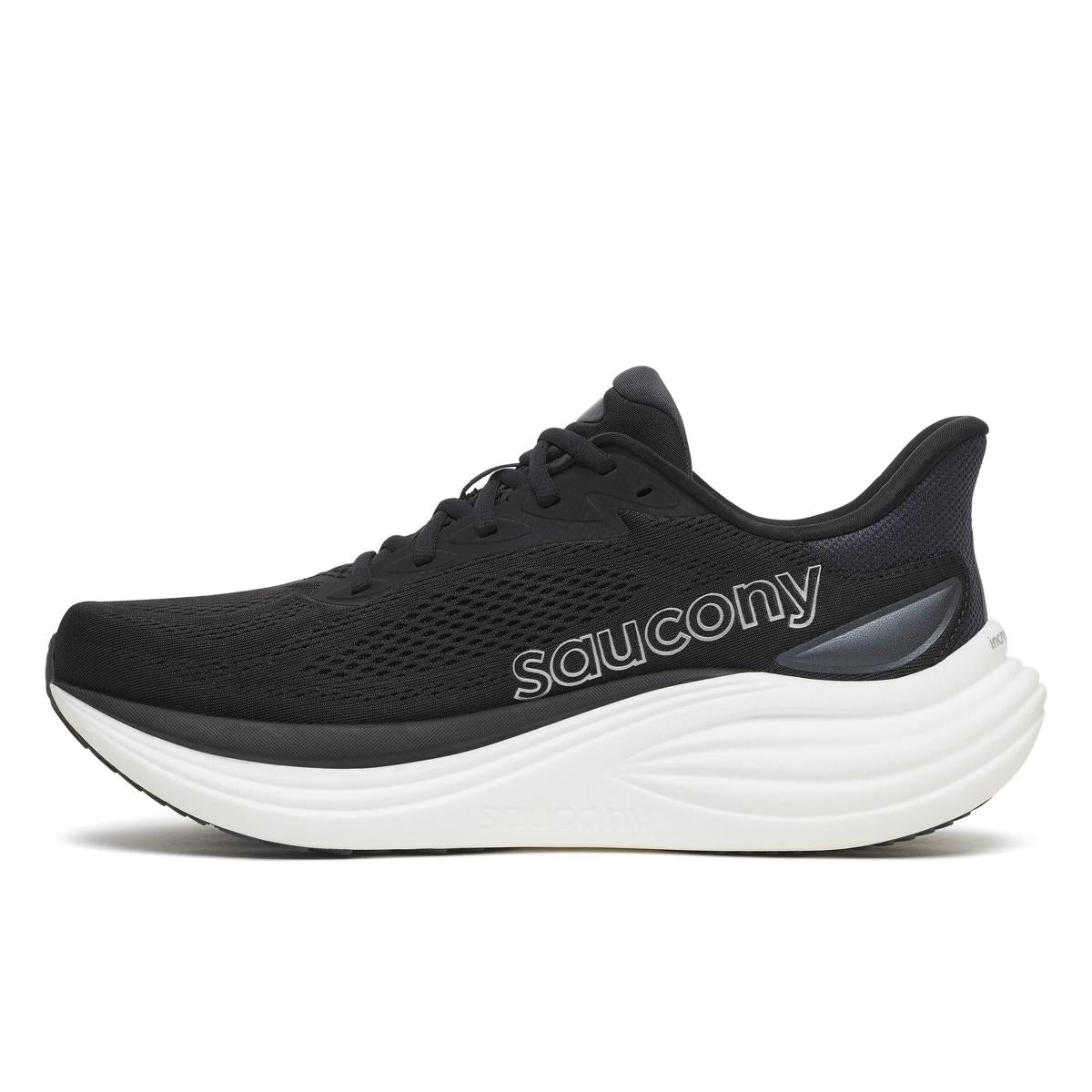Men's Saucony Triumph 24. Black upper. White midsole. Medial view.