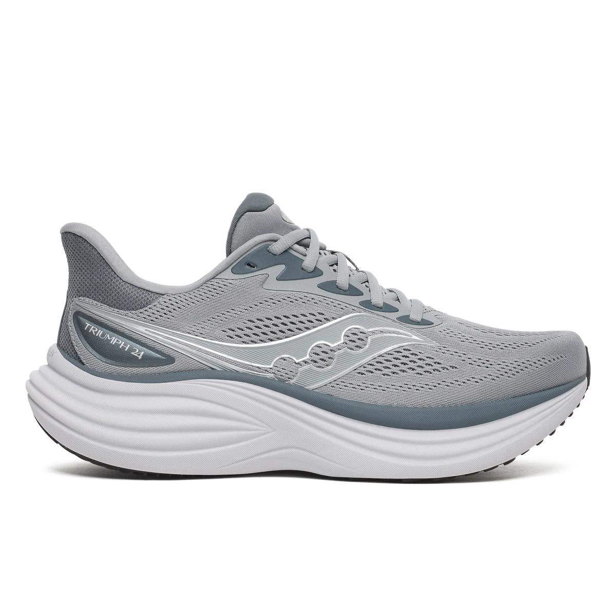 Men's Saucony Triumph 24. Grey upper. White midsole. Lateral view.