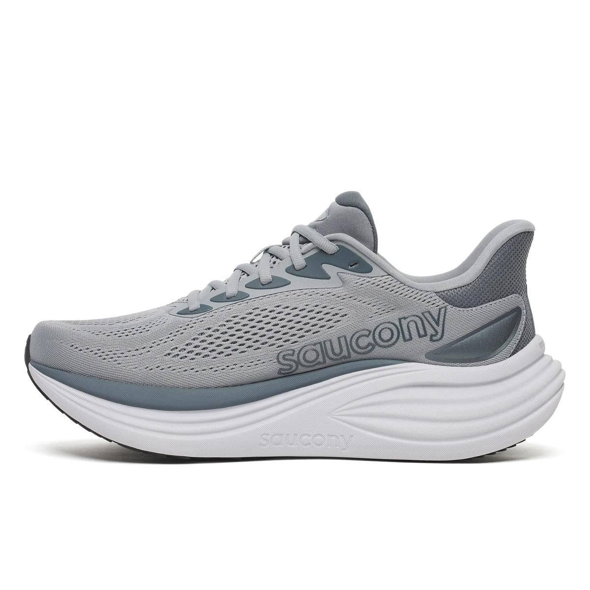 Men's Saucony Triumph 24. Grey upper. White midsole. Medial view.