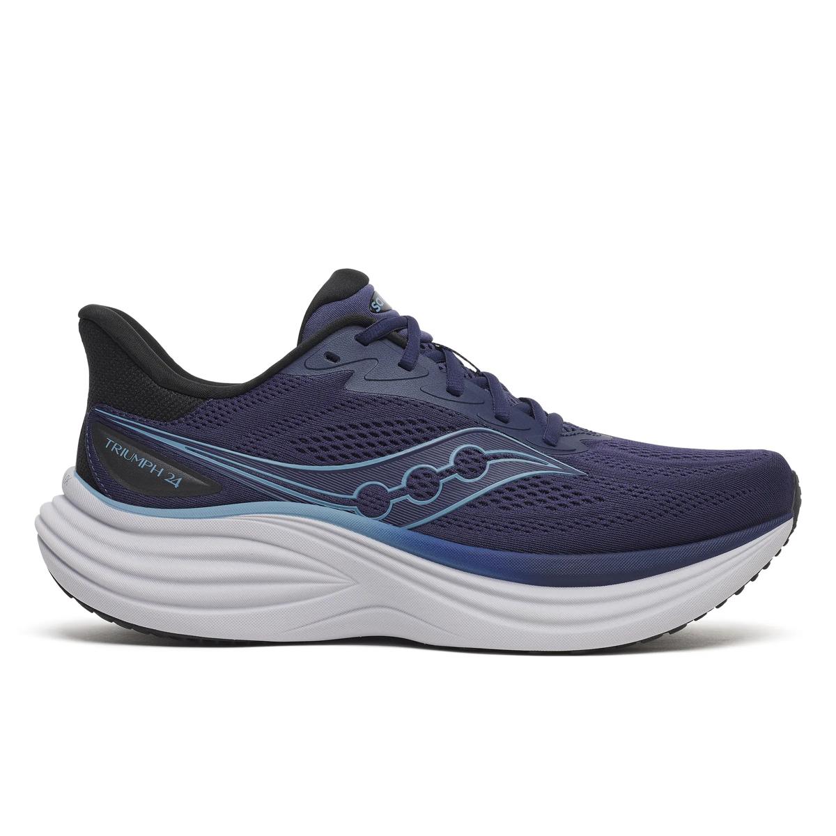 Men's Saucony Triumph 24. Navy upper. White midsole. Lateral view.
