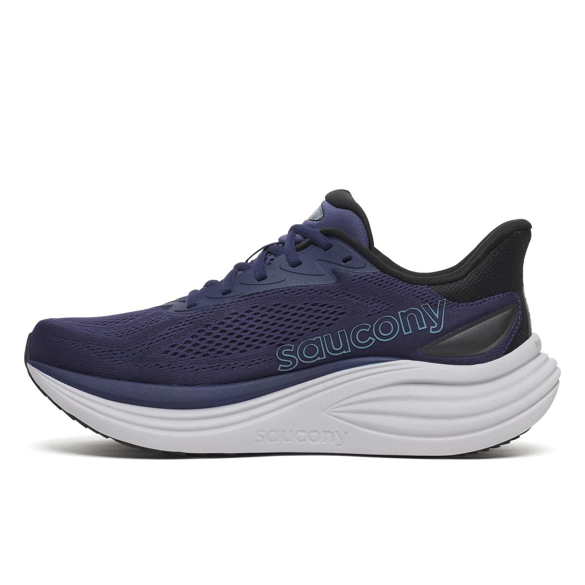 Men's Saucony Triumph 24. Navy upper. White midsole. Medial view.