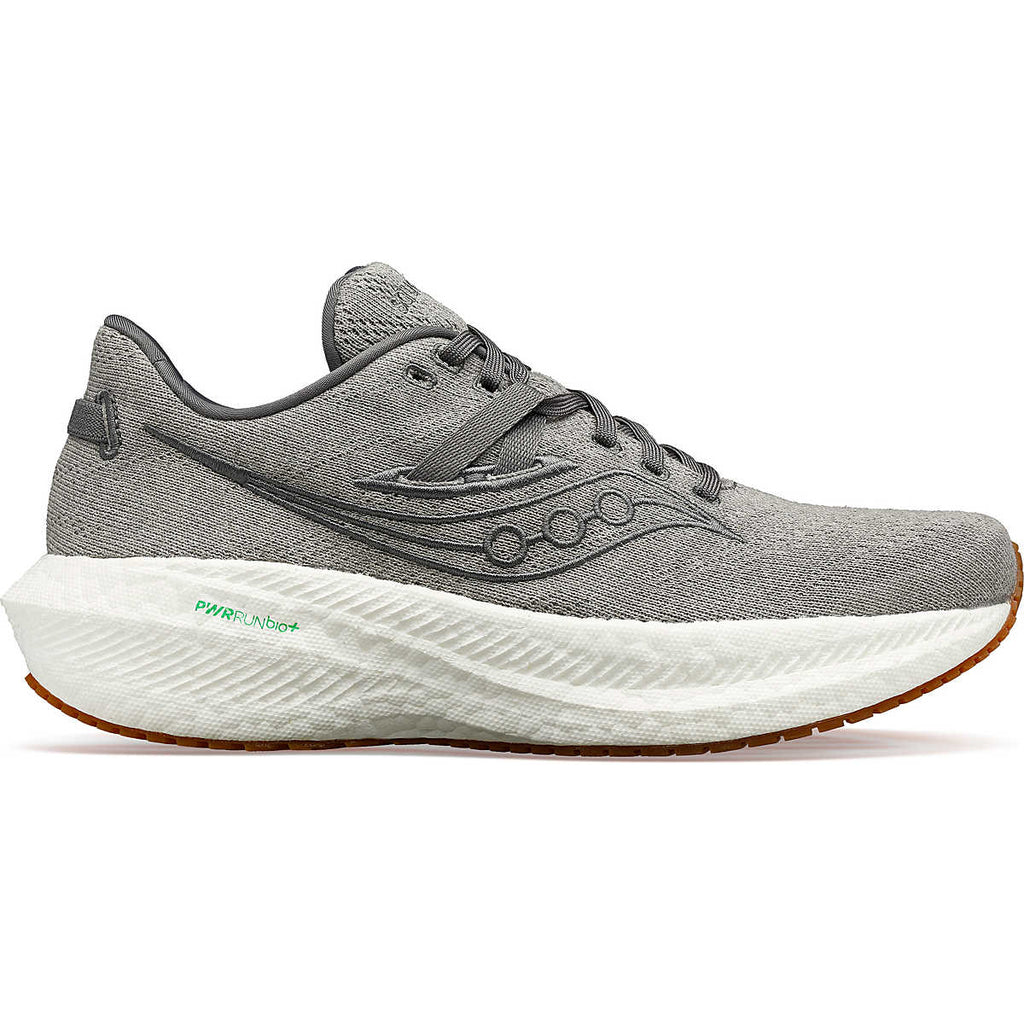 Men's Saucony Triumph RFG. Grey upper. White midsole. Lateral view.