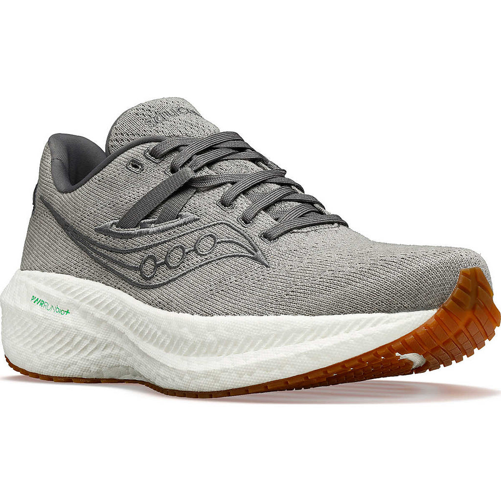 Men's Saucony Triumph RFG. Grey upper. White midsole. Lateral view.