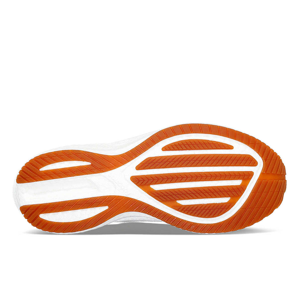 Mens Saucony Triumph RFG. White midsole. White/tan outsole. Bottom view.