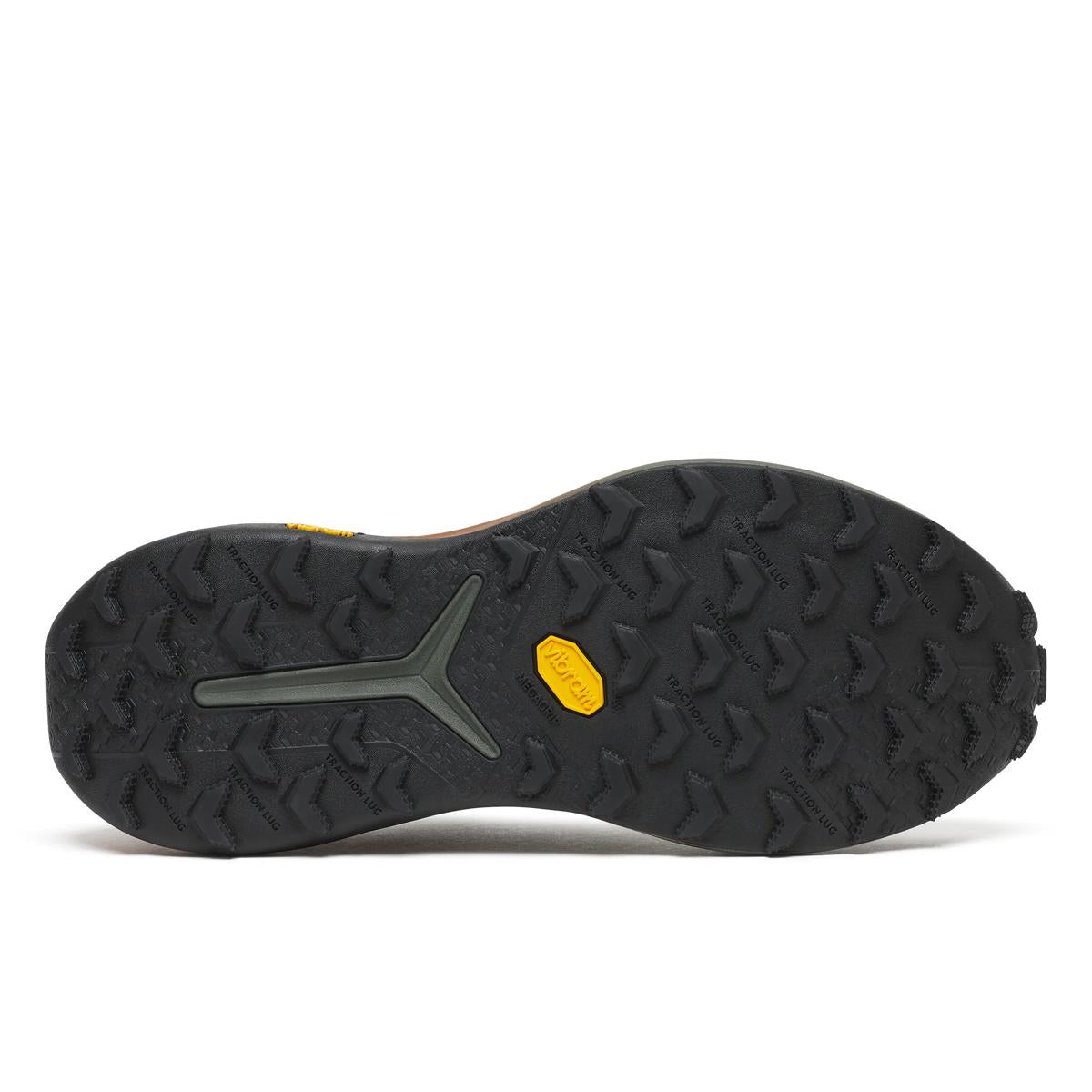 Men's Saucony Xodus Ultra 4. Black upper. Brown midsole. Bottom view.