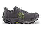 Men's Topo MTN Racer 4. Grey upper. Grey midsole. Green logo. Lateral view.