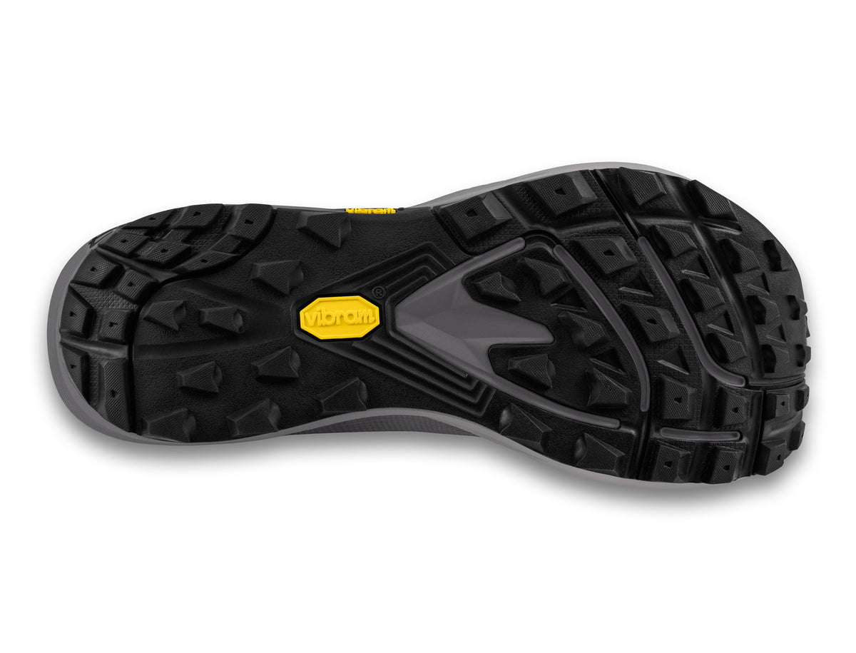 Men's Topo MTN Racer 4. Grey upper. Grey midsole. Bottom view.
