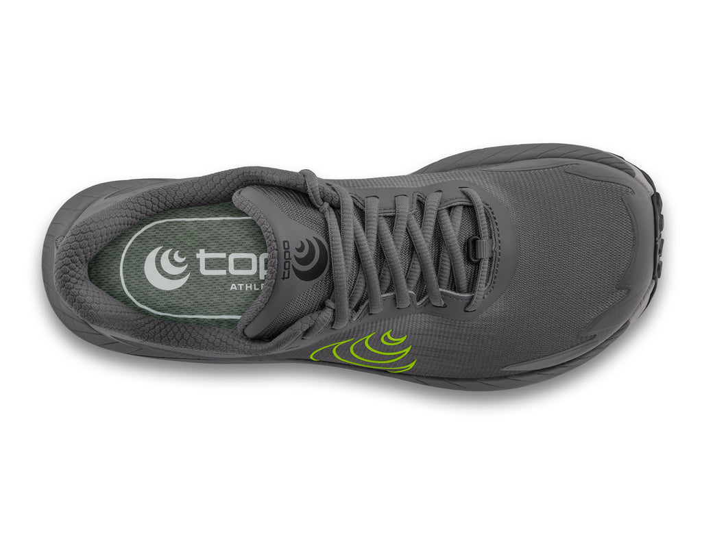 Men's Topo MTN Racer 4. Grey upper. Grey midsole. Green logo. Top view.
