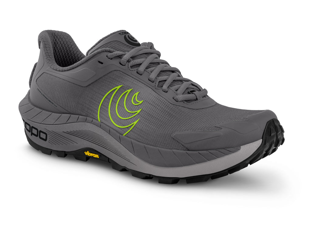 Men's Topo MTN Racer 4. Grey upper. Grey midsole. Green logo. Lateral view.