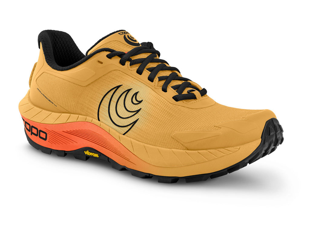 Men's Topo MTN Racer 4. Orange upper. Orange midsole. Black logo. Lateral view. 