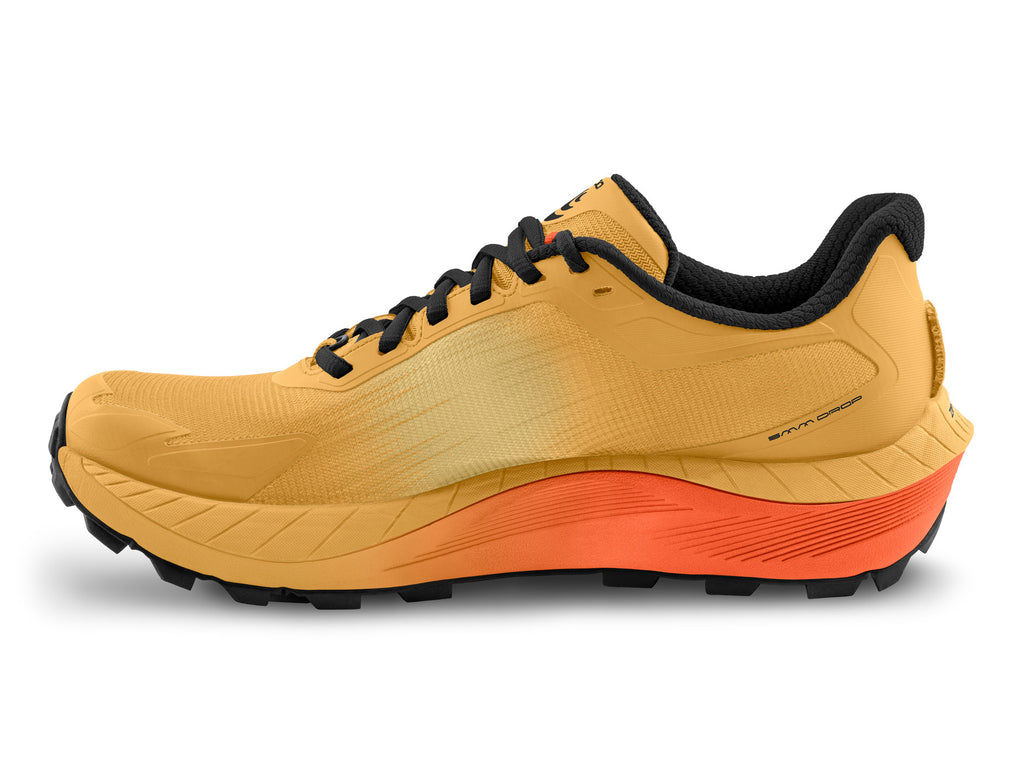 Men's Topo MTN Racer 4. Orange upper. Orange midsole. Medial view.
