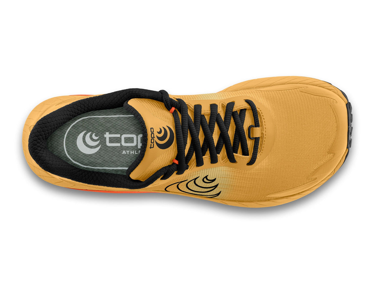 Men's Topo MTN Racer 4. Orange upper. Orange midsole. Black logo. Top view.