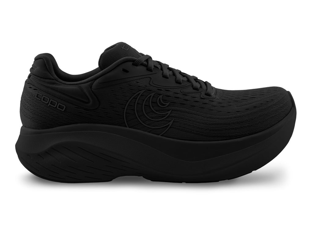 Men's Topo Atmos 2. Black upper. Black midsole. Lateral view.