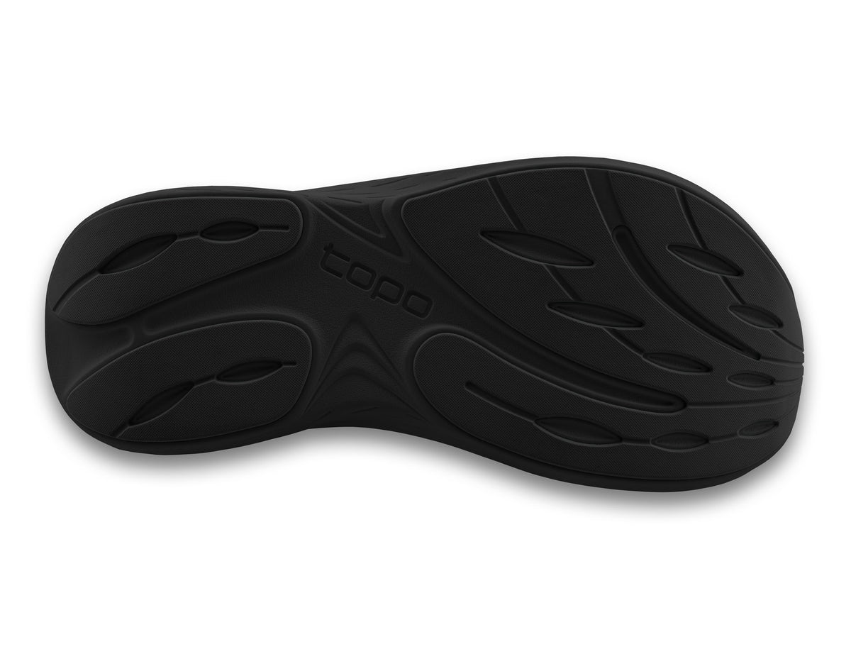 Men's Topo Atmos 2. Black upper. Black midsole. Bottom view.