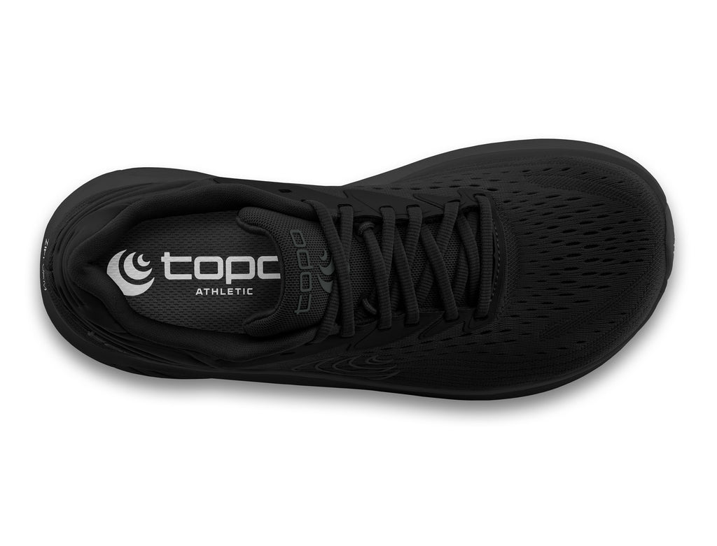 Men's Topo Atmos 2. Black upper. Black midsole. Top view.