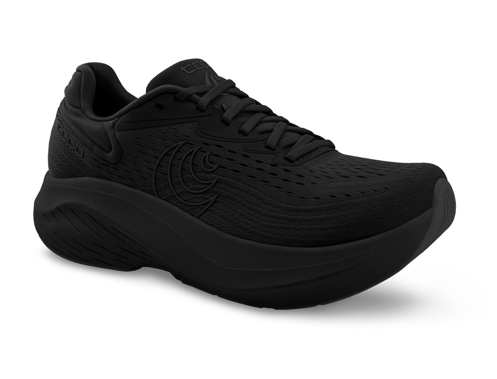 Men's Topo Atmos 2. Black upper. Black midsole. Lateral view.