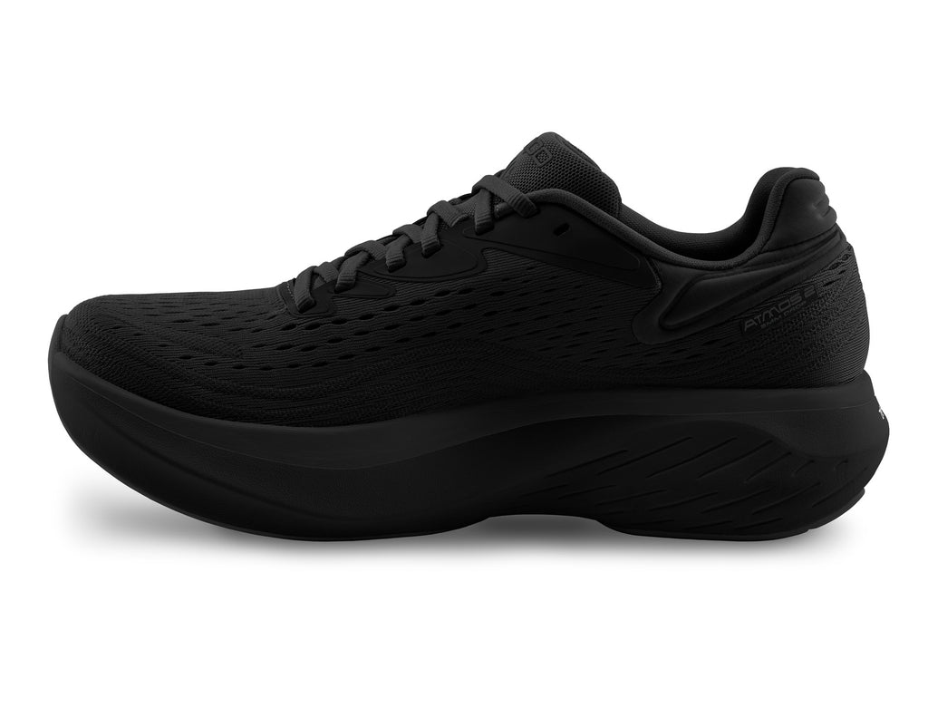 Men's Topo Atmos 2. Black upper. Black midsole. Medial view.