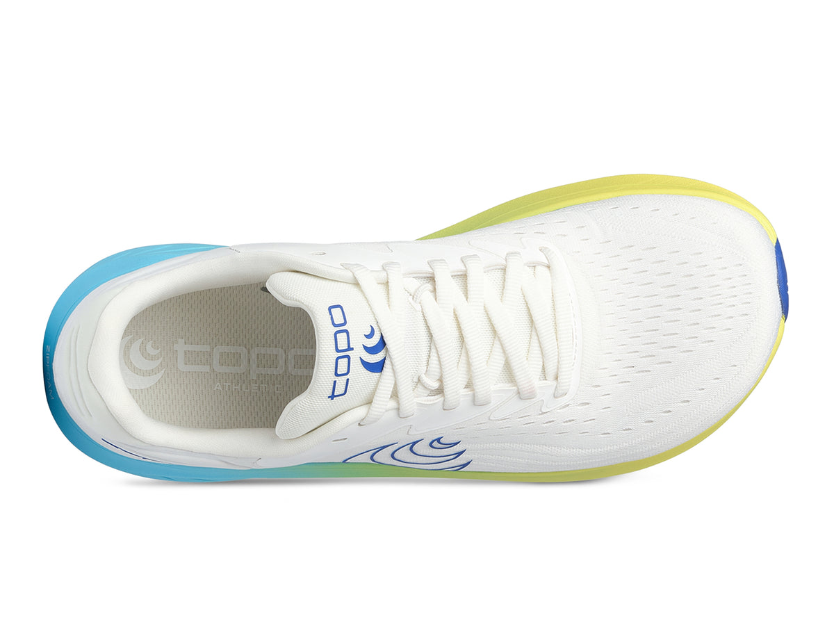 Men's Topo Atmos 2. White upper. Blue/Yellow midsole. Top view.