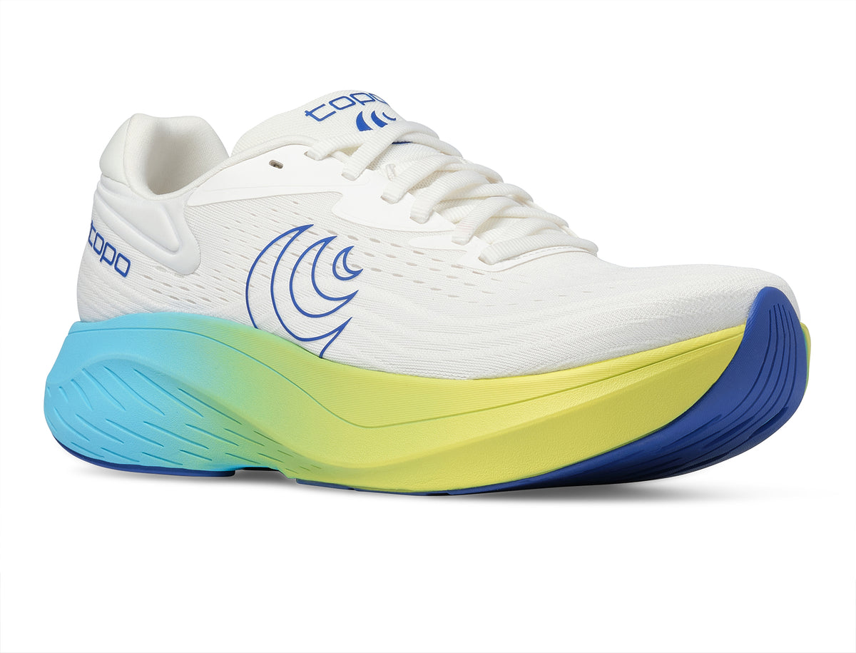 Men's Topo Atmos 2. White upper. Blue/Yellow midsole. Lateral view.