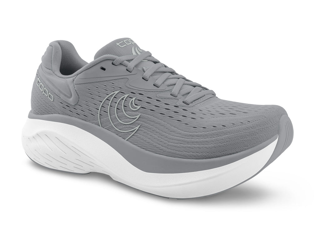 Men's Topo Atmos 2. Grey upper. White midsole. Lateral view.