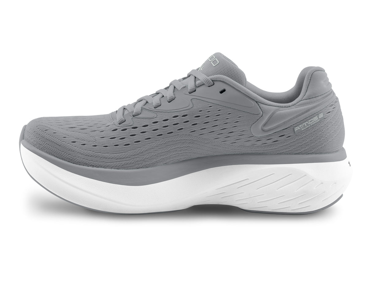 Men's Topo Atmos 2. Grey upper. White midsole. Medial view.