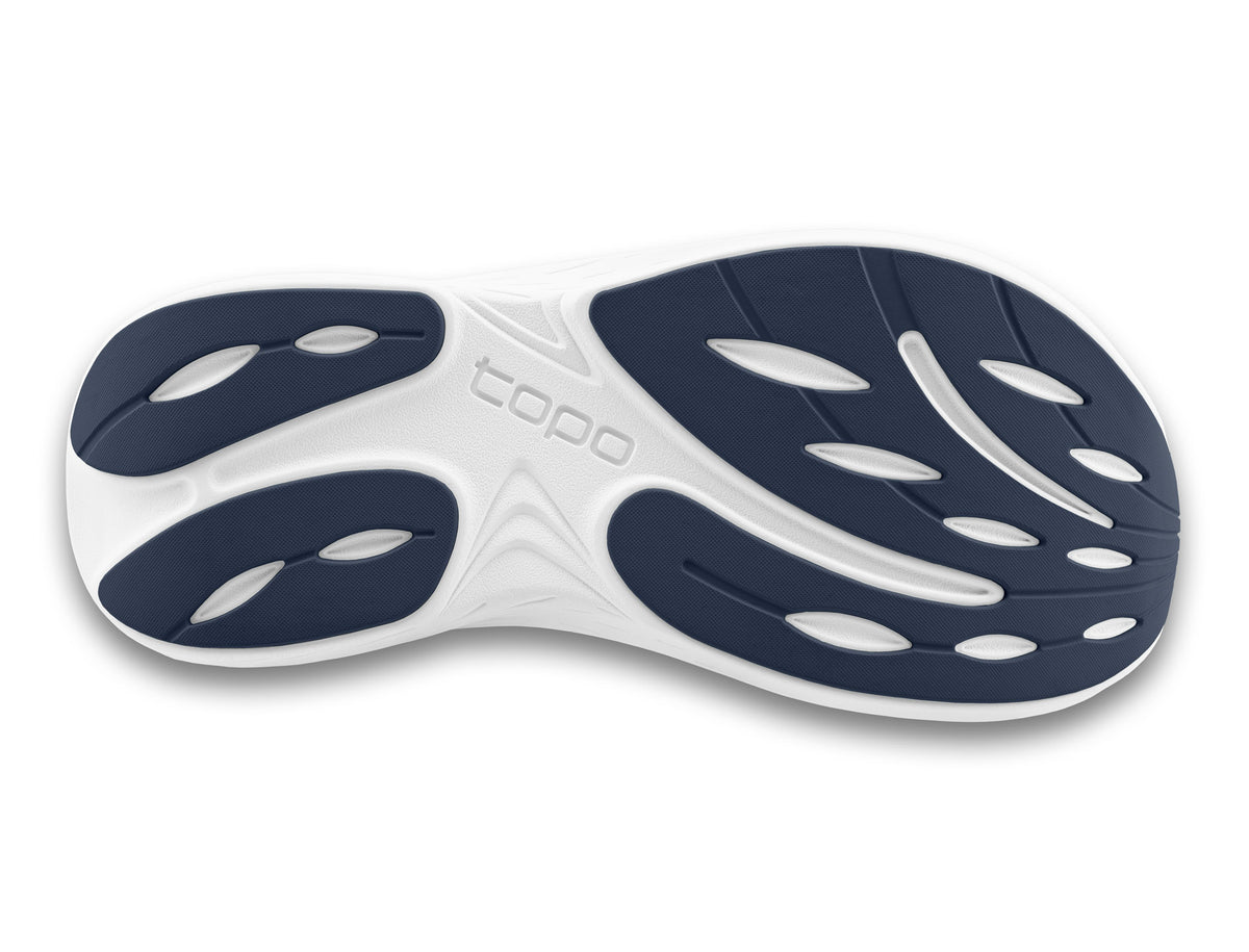 Men's Topo Atmos 2. Navy upper. White midsole. Bottom view.