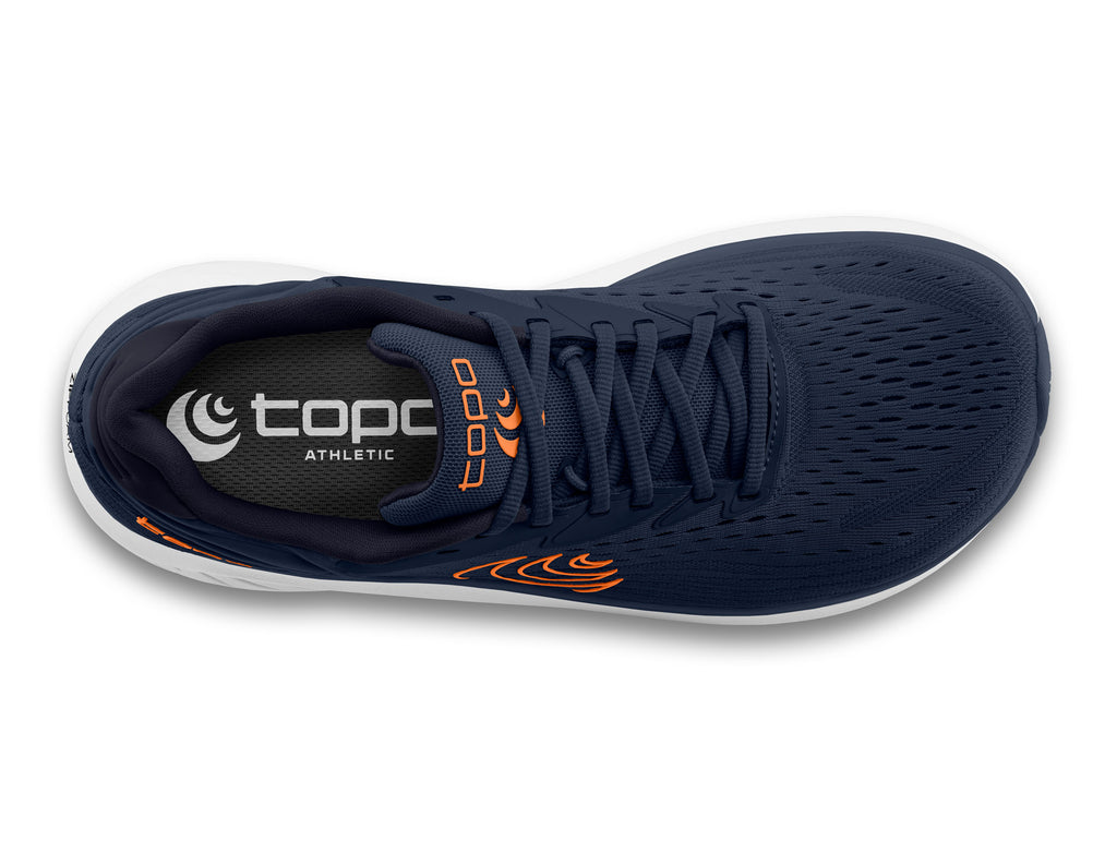 Men's Topo Atmos 2. Navy upper. White midsole. Top view.