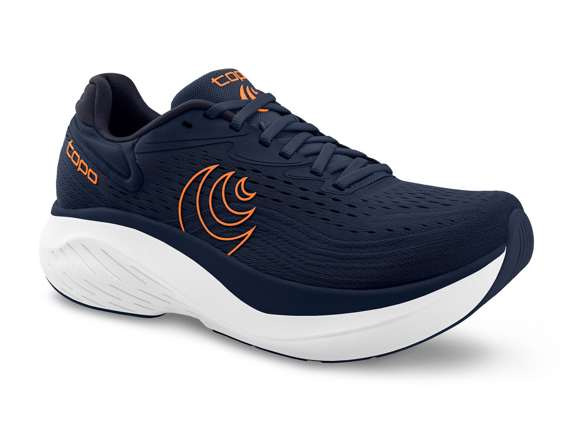 Men's Topo Atmos 2. Navy upper. White midsole. Lateral view.