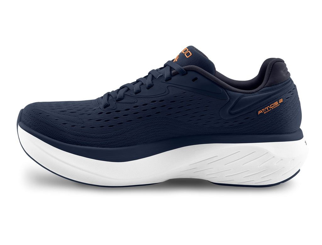 Men's Topo Atmos 2. Navy upper. White midsole. Medial view.