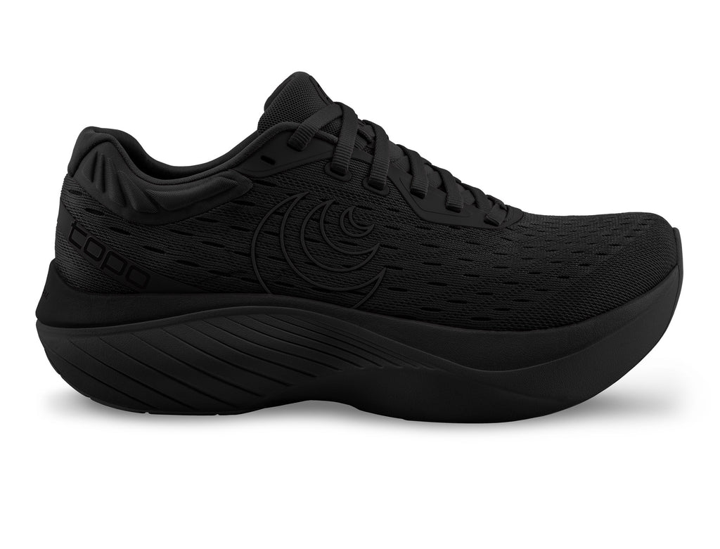 Men's Topo Atmos. Black upper. Black midsole. Lateral view.