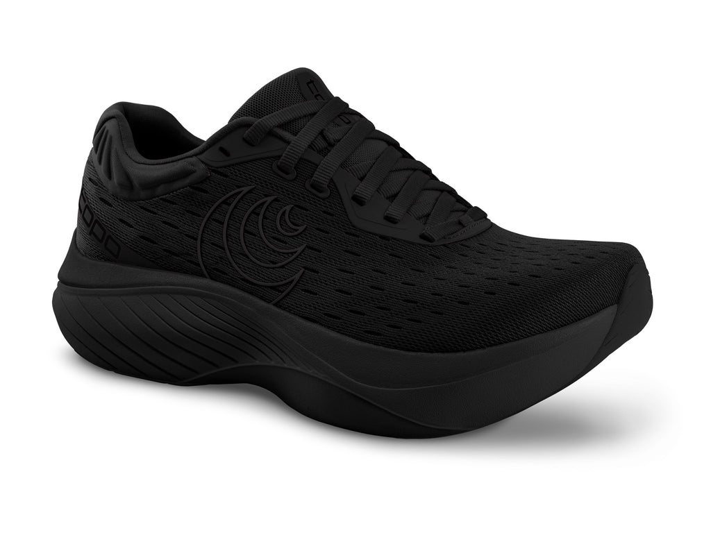 Men's Topo Atmos. Black upper. Black midsole. Lateral view.