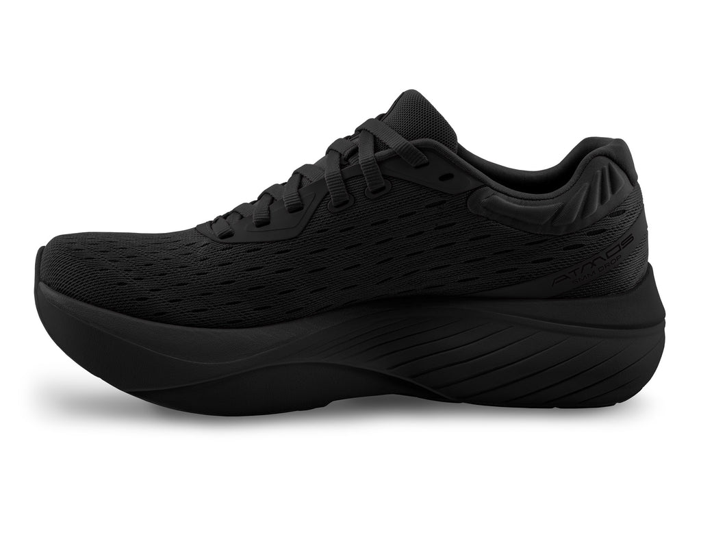 Men's Topo Atmos. Black upper. Black midsole. Medial view.